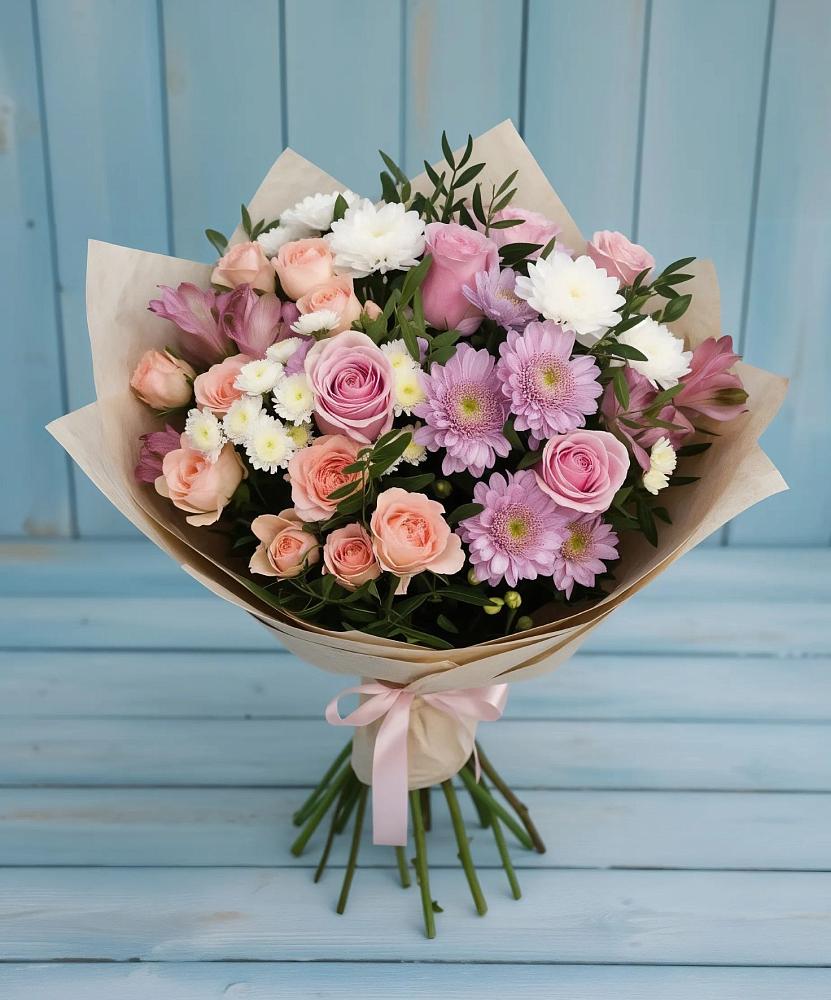 Букет цветов из: Хризантемы, Розы и Альстромерии в Ищёрской