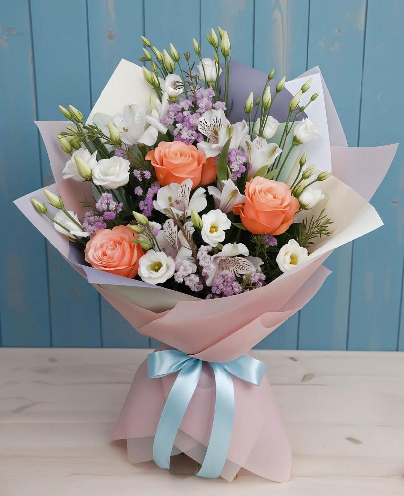 Букет цветов из: Лизиантусы, Розы, Альстромерии и Гипсофила в Ищёрской