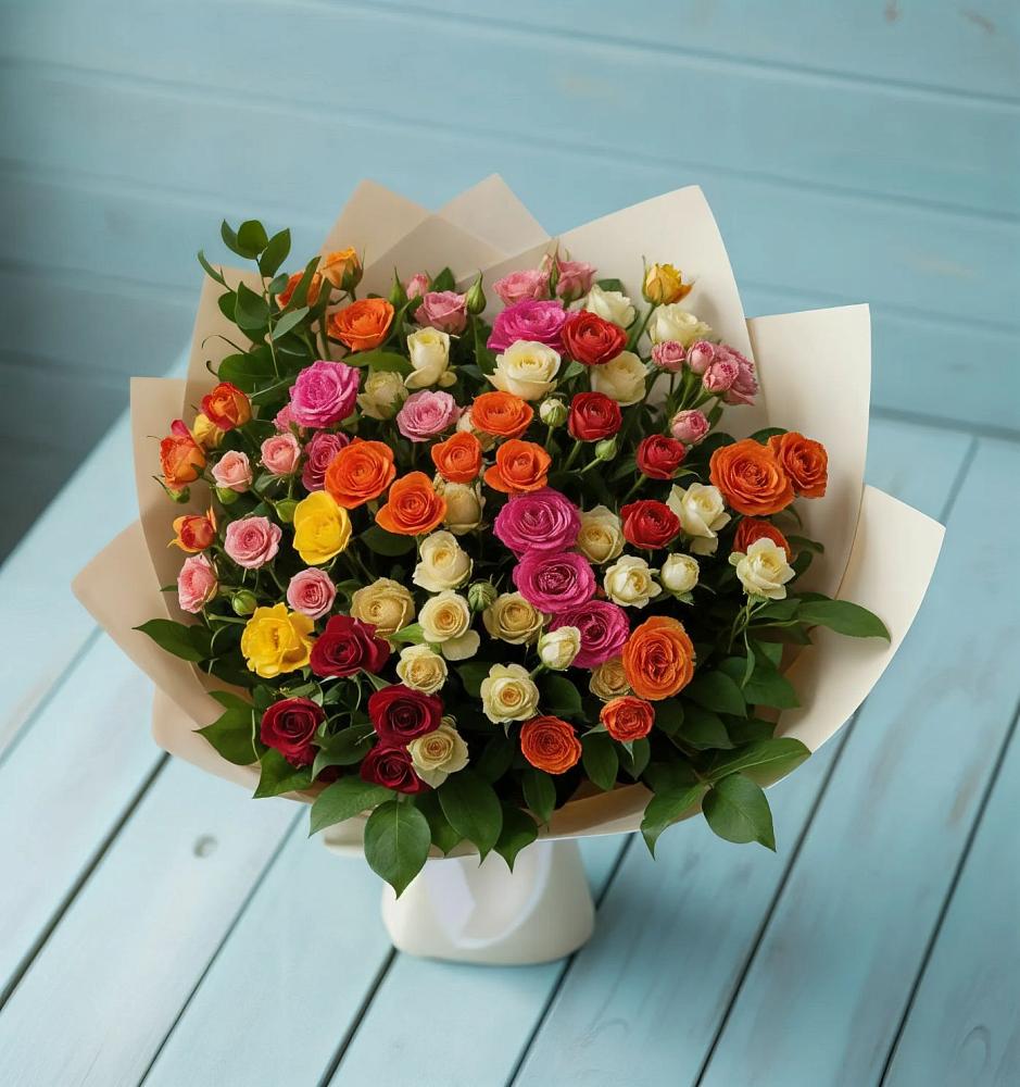 Букет Микс из разноцветных кустовых роз в Ищёрской