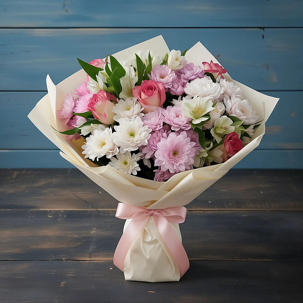 Букет цветов из: Хризантемы, Альстромерии и Розы в Ищёрской